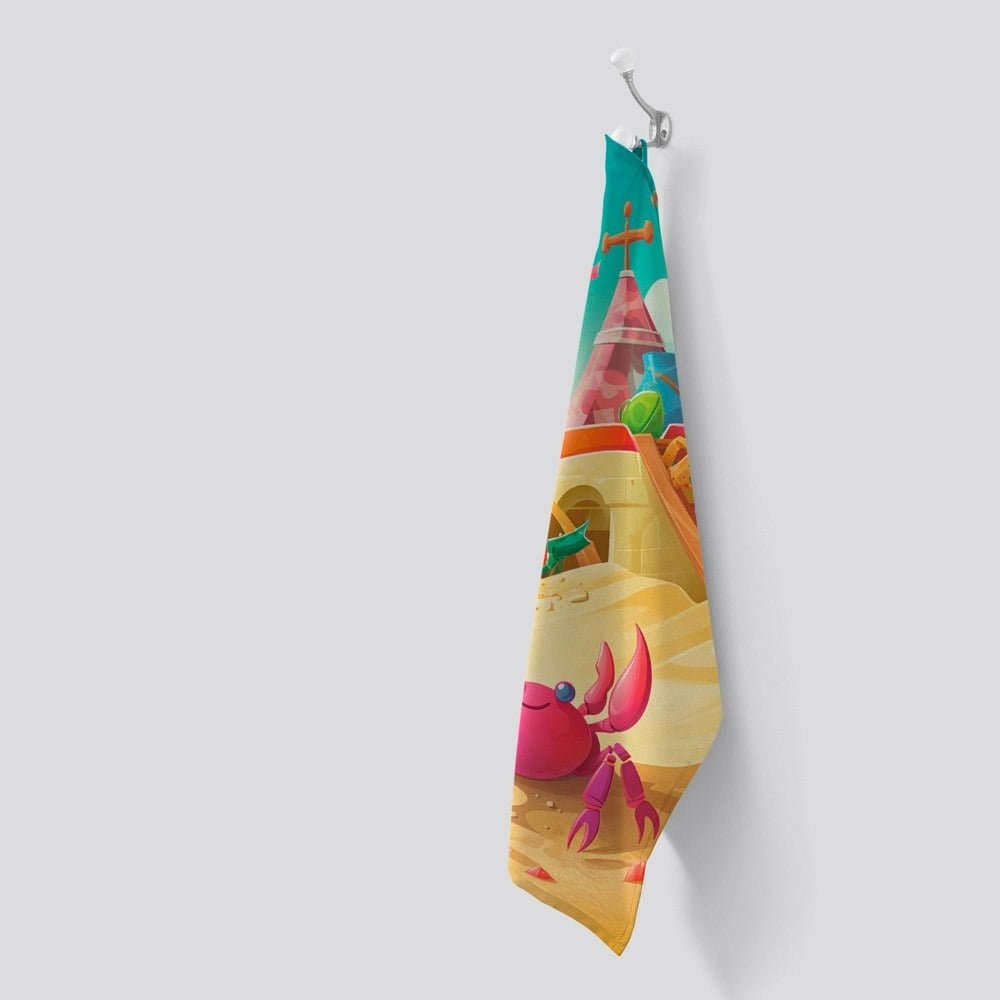 Warren Reed Pink Crab On A Beach Holiday Tea Towel