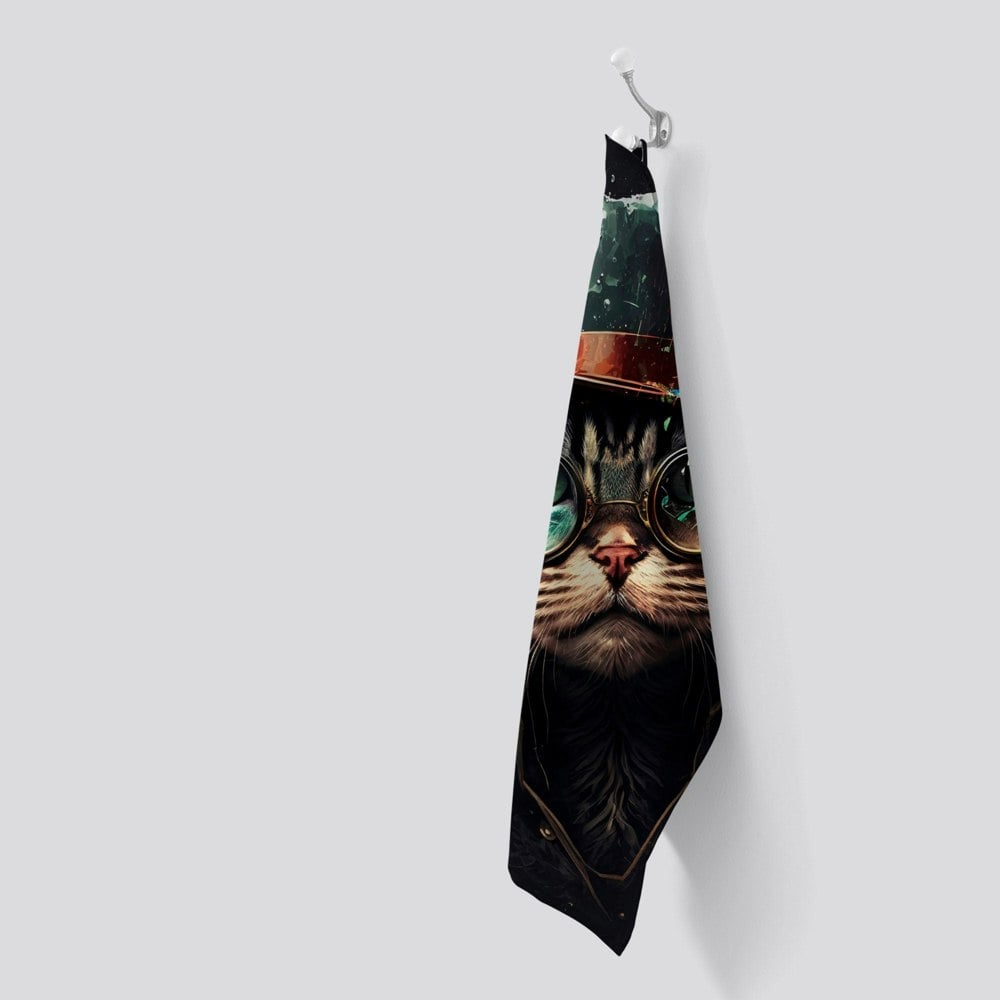 Warren Reed Cat With Glasses Splashart Tea Towel