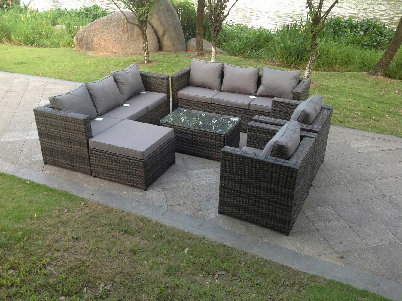 Fimous Outdoor Rattn Garden Furniture Sofa Set Rectangular Coffee Table Lounge Sofa Chair Footstool Converstory Dark Mixed Grey