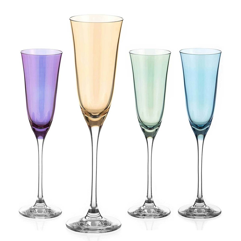 Diamante Lustre Coloured Champagne Flutes Glasses - Set of 4 - Purple, Aqua, Coral & Emerald Green