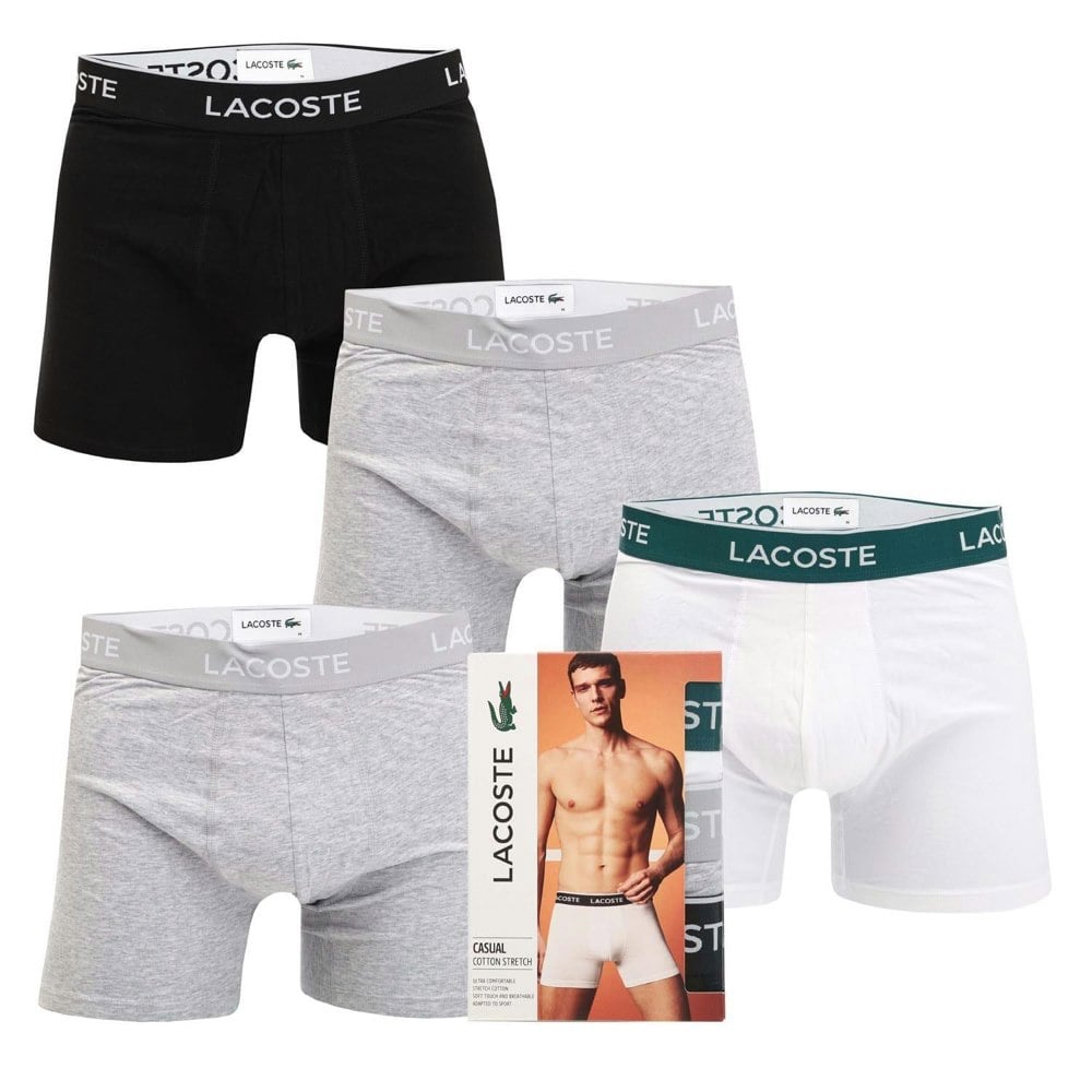 Lacoste Mens Cotton Stretch Boxer Shorts (Pack of 3) - Black/Grey/White