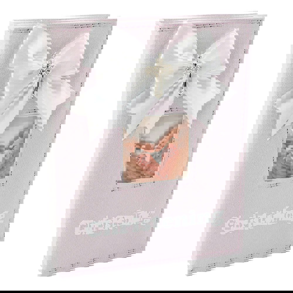 White Faux-Silk Bow and Silver Plated Cross Christening Photo Album in Pink Image 1