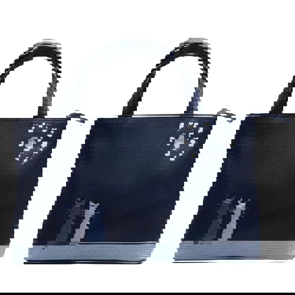 Mala Leather Midnight Black & Grey Cats Appliqué Bag – Adjustable Shoulder & Crossbody Strap