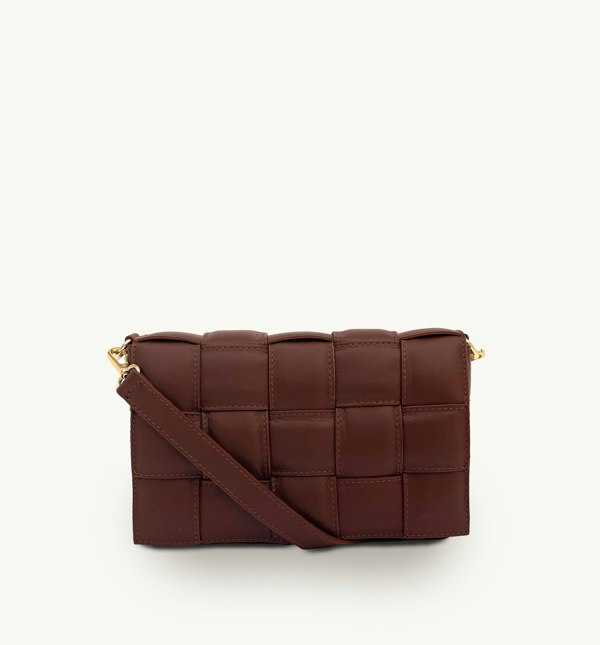 Apatchy London Padded Woven Leather Crossbody Bag With Gold Chain Strap - Chestnut