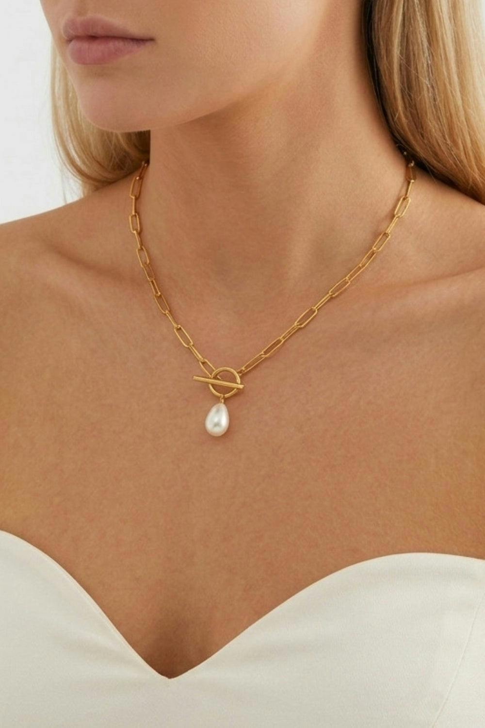 Serla Gold Plated Pearl Tbar Necklace