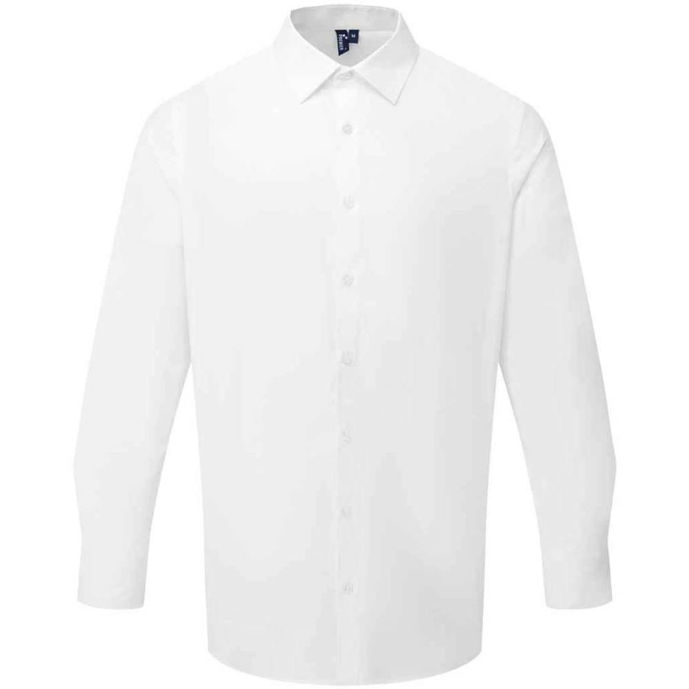 Premier Mens Recyclight Poplin Long-Sleeved Shirt - White - White - 65% Recycled Polyester/35% Cotton