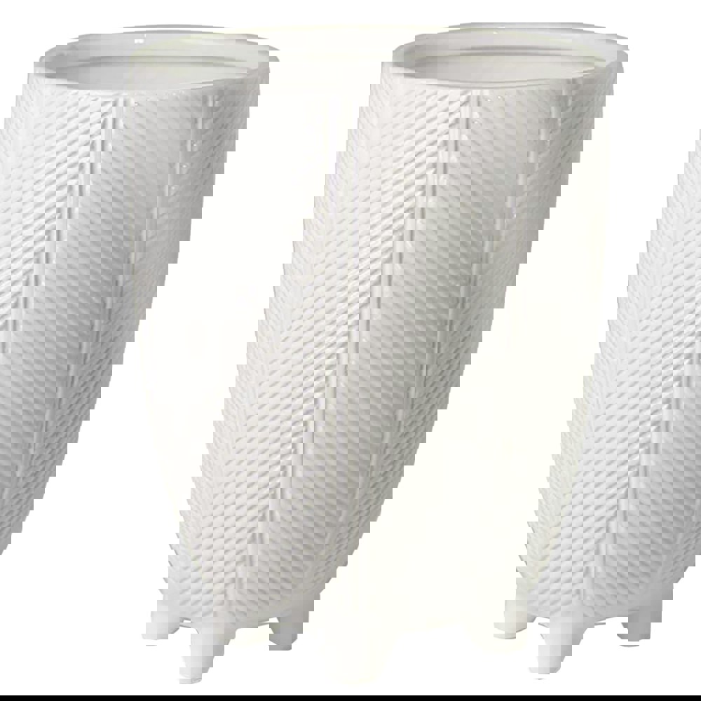 Leaf Tall Ceramic Planter Plant Pot With Feet White Stripe 15 x 15 x 19cm