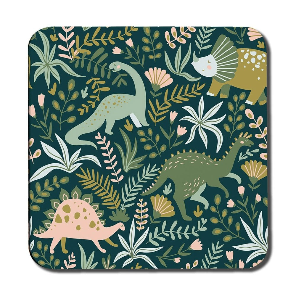 Benjamin Tate Design Hand drawn dinosaurs and tropical leaves and flowers. (Coaster)