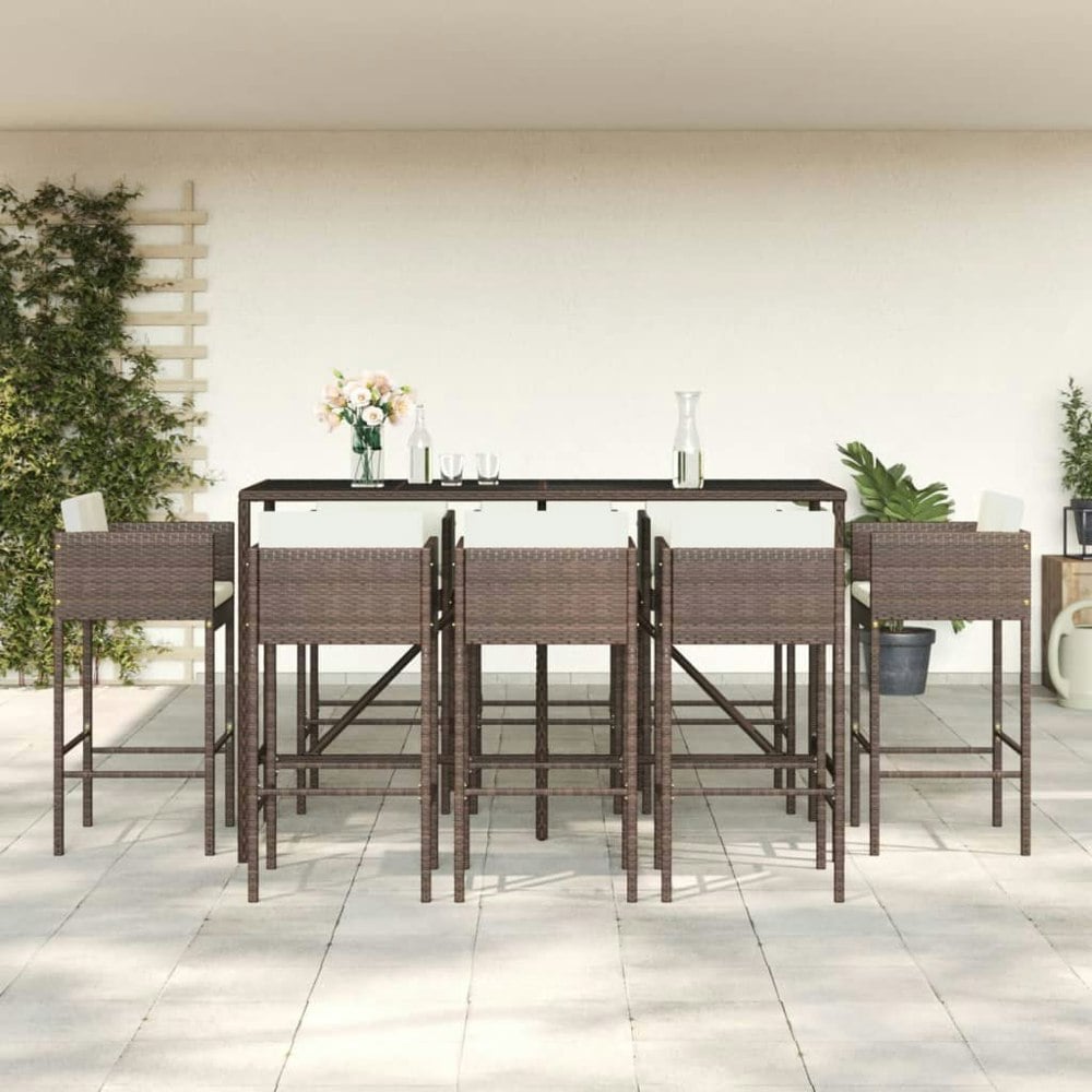 Berkfield 9 Piece Garden Bar Set with Cushions Brown Poly Rattan