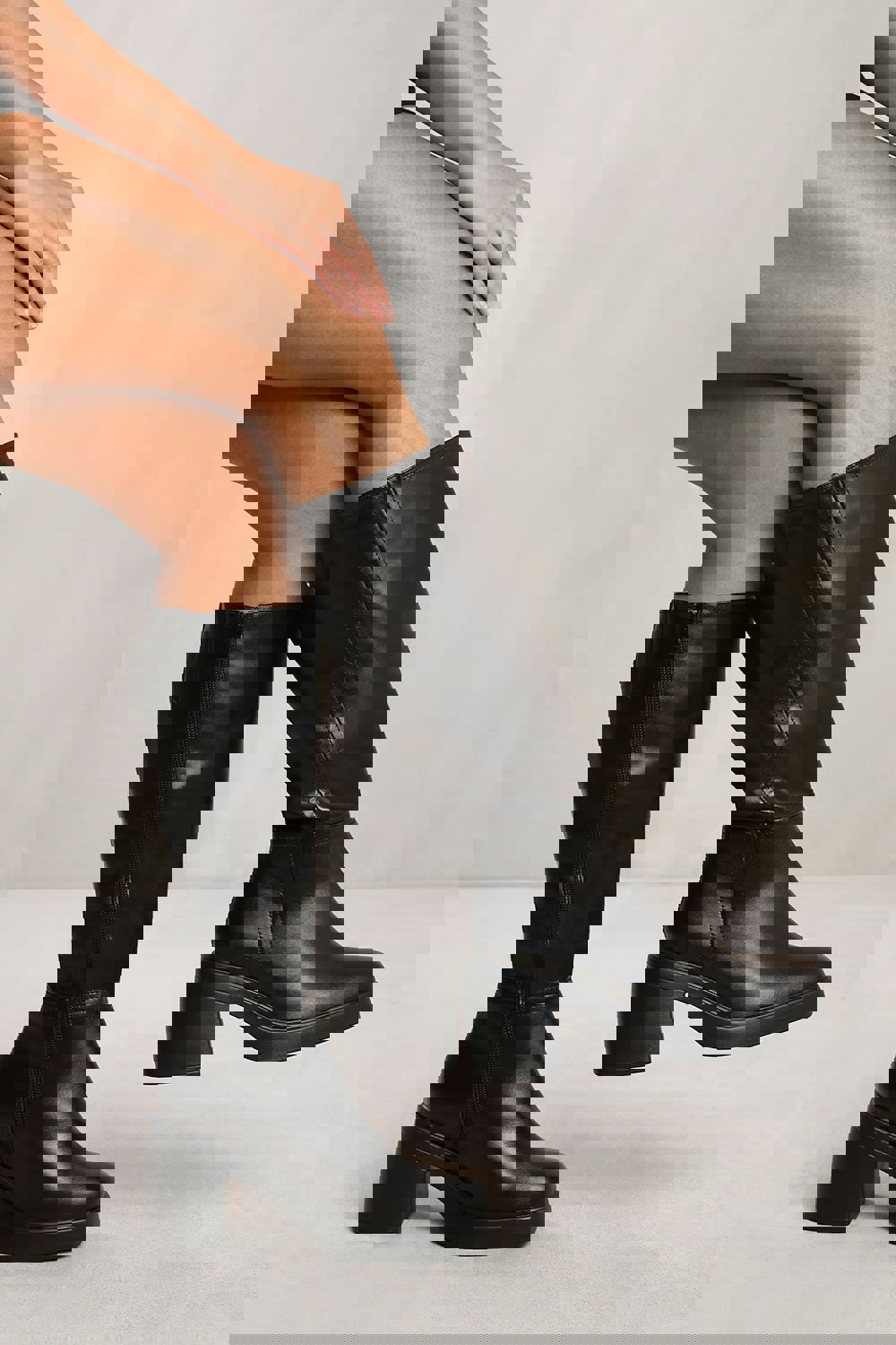 Where's That From Maddie Below Knee Boot With Chunky Heel in Black Faux Leather