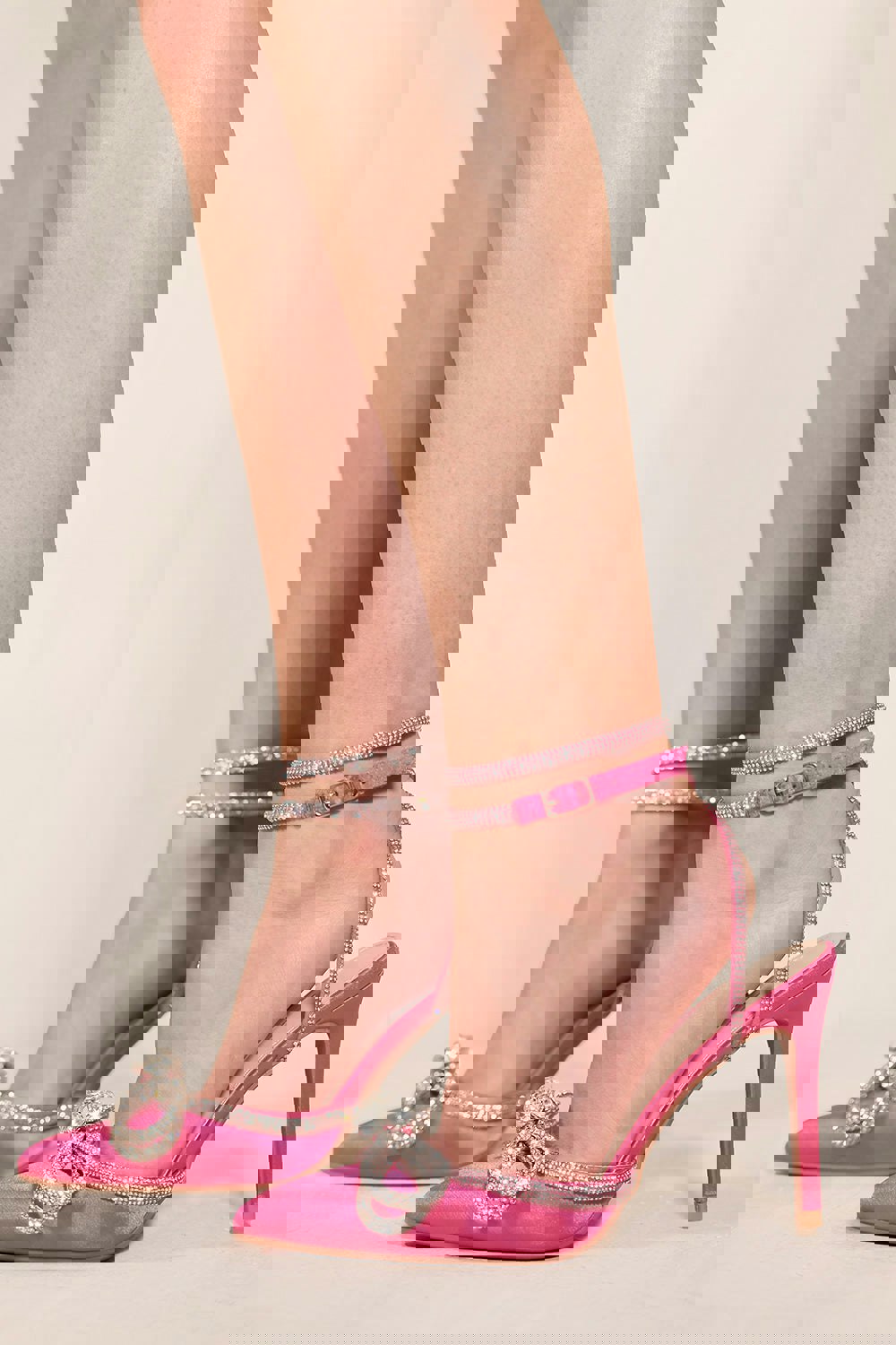 Where's That From Fanen Pointed Toe High Heels With Diamante Bow & Ankle Strap in Fuchsia Pink Silk