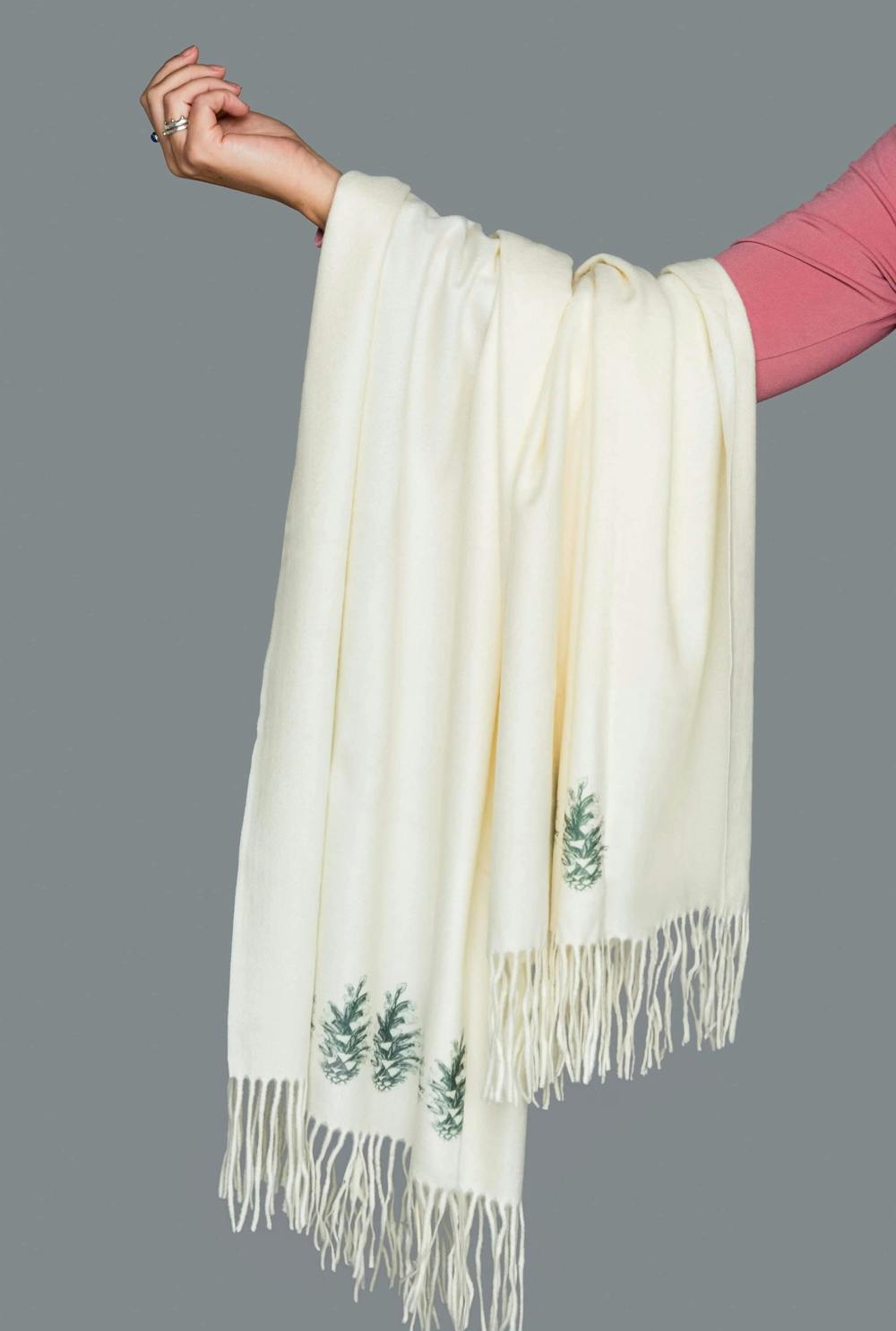 Art on Scarves Cashmere Feel Luxury Scarf Handprinted with Pine Cones - Cream