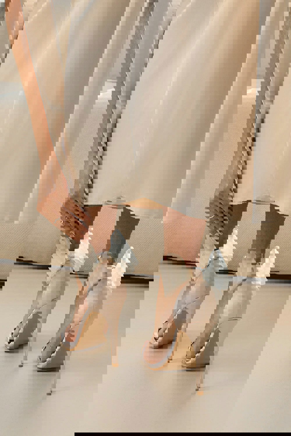 Where's That From Adley High Heels With Mesh Bow Detail at the Back in Champagne Satin