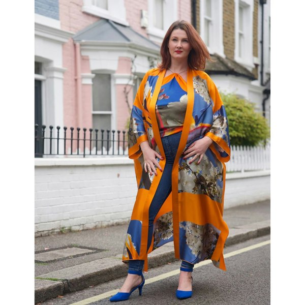 Bird of Paradise White Blue Cherry Blossom Silk Kimono paired with a Cherry Blossom Silk Scarf, as a top, featuring elegant cherry blossom patterns and vibrant colors.