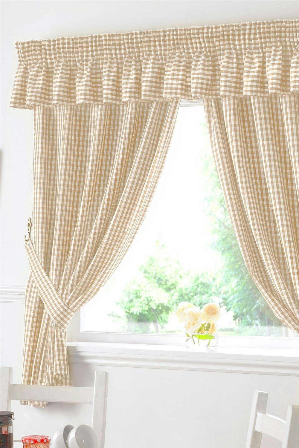 Alan Symonds Gingham Beige Checked Kitchen Curtains