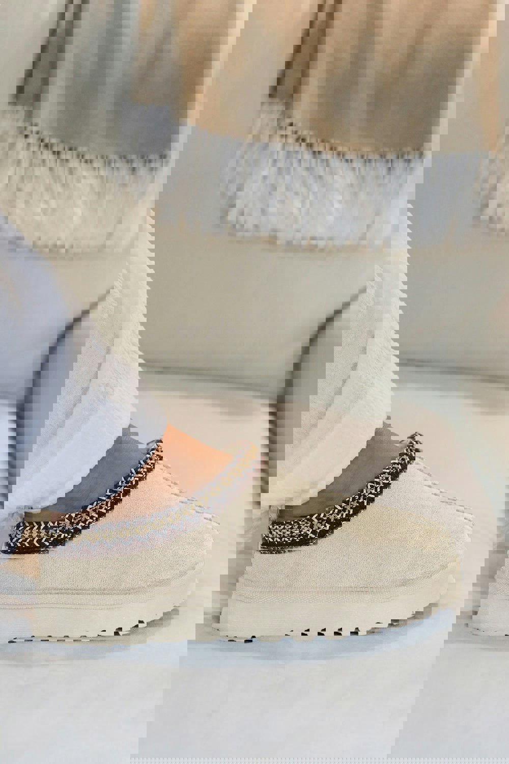 Where's That From Pine Aztec Detail Faux Fur Lining Mini Boots in Cream Suede