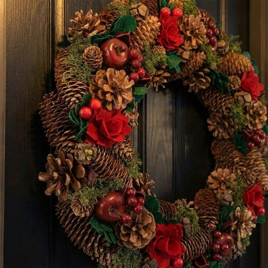 Garden Greatness Christmas Wreath with Natural Pinecones, Flowers and Apples