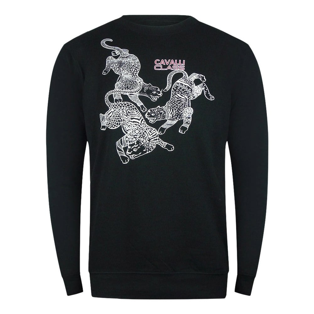Cavalli Class Paisley Leopards Design Black Sweatshirt