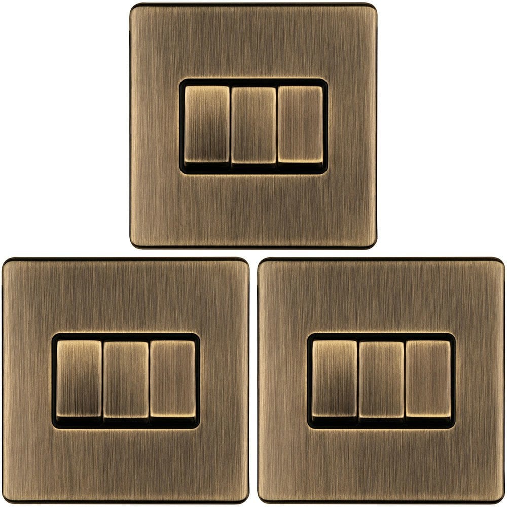 3 PACK 3 Gang Triple Light Switch SCREWLESS ANTIQUE BRASS 2 Way 10A Slim Rocker 