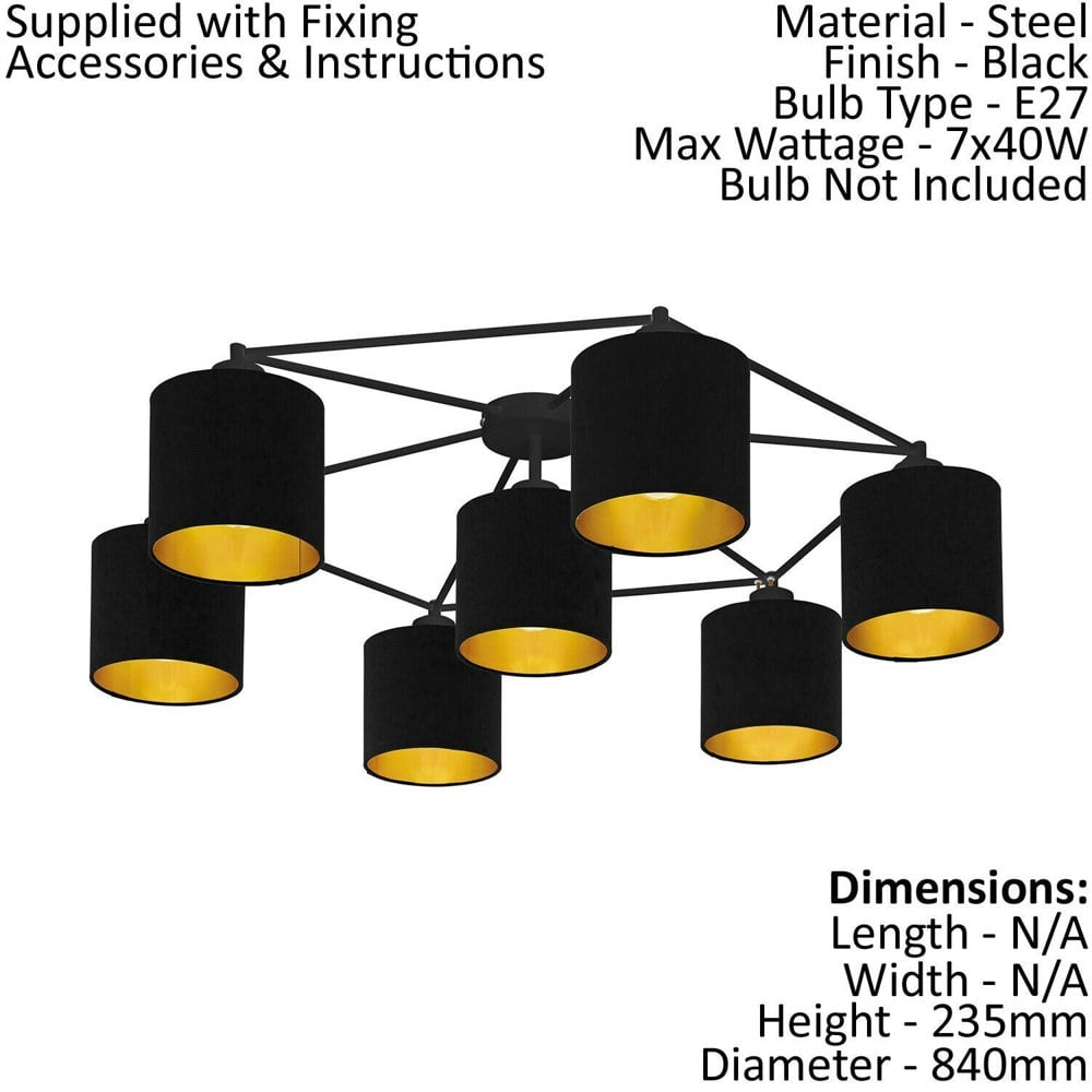 2 PACK Wall Flush Ceiling Light Colour Black Shade Black Gold Fabric E27 7x40W Loops