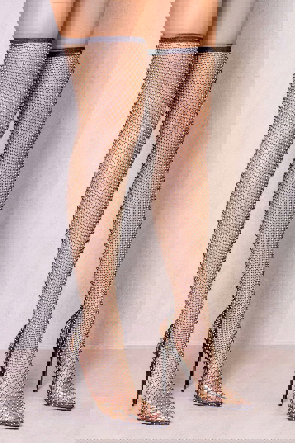 Where's That From Freya Pointed High Heel With Over the Knee Fishnet and Diamante Detail in Black Suede