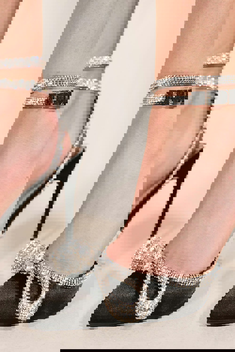 Where's That From Fanen Pointed Toe High Heels With Diamante Bow & Ankle Strap in Black Silk