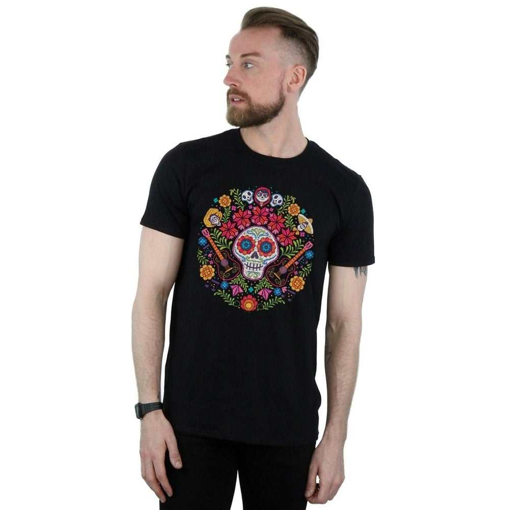 Disney Mens Coco Embroidered Skull Print T-Shirt - Black
