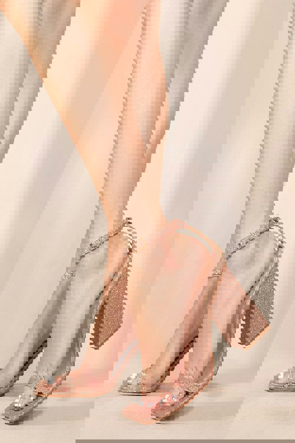 Where's That From Fallon Square Toe High Block Heel Sandals With Ankle Strap in Rose Gold Fine Glitter