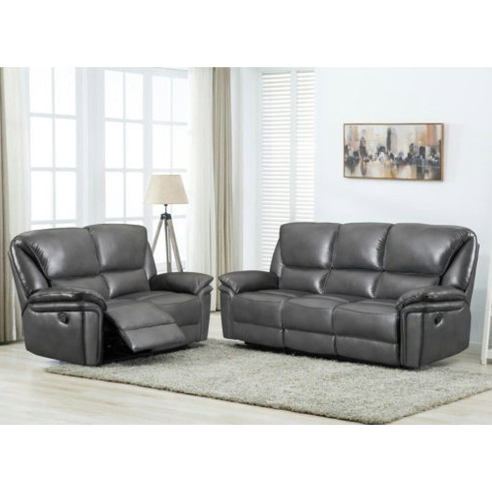 Boston Grey Leather Aire Manual Reclining Sofa Suite