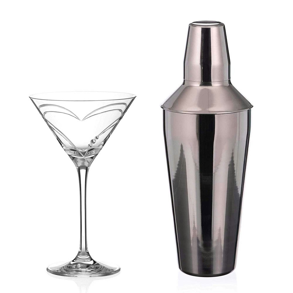 Diamante Hearts Crystal Martini Glass & Cocktail Shaker Set