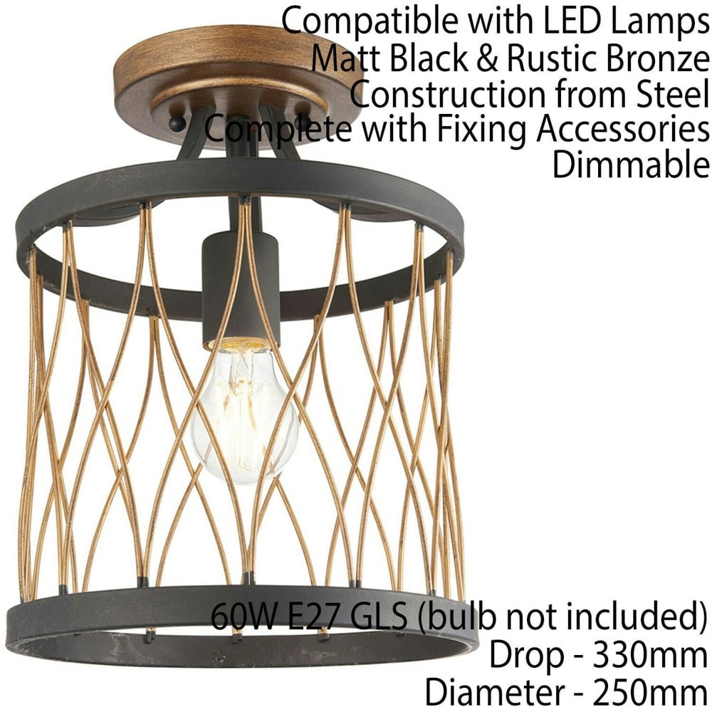 Flush Ceiling Mount Light Black & Bronze Round Rustic Vintage Metal Wire Lamp Loops