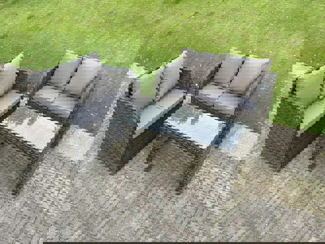 Fimous Dark Grey PE Wicker Rattan Garden Furniture Set Love Sofa 2 Seater Sofa Set Outdoor Rectangular Coffee Table 4 Seater