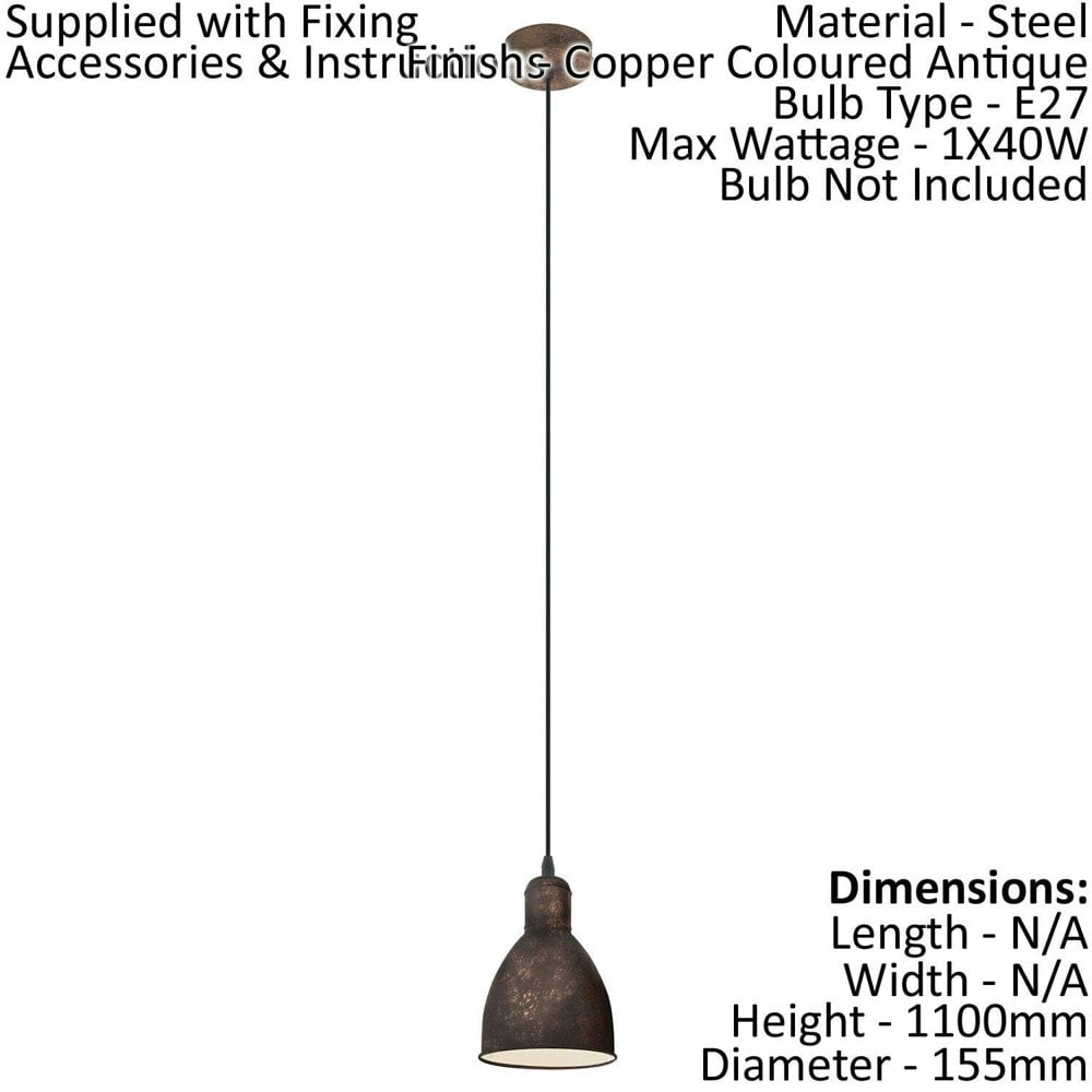 Hanging Ceiling Pendant Light Antique Copper Shade 1 x 40W E27 Bulb Feature Loops