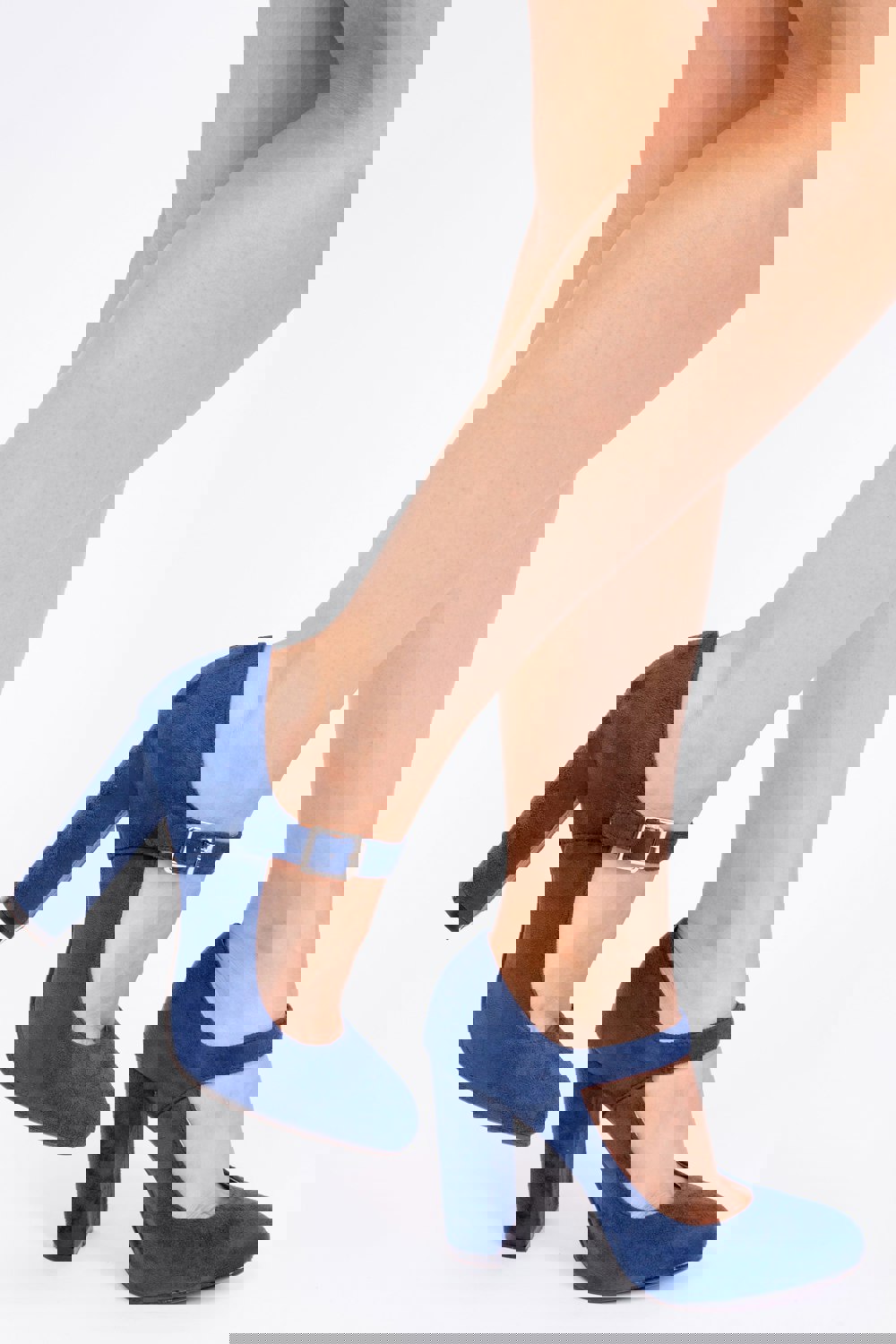 Where's That From Michelle Block High Heel Pump With Front Buckle Strap in Navy Blue Suede