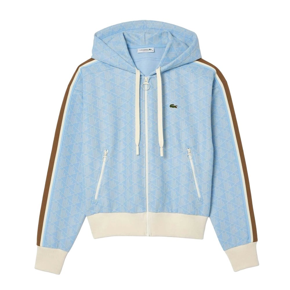 Lacoste Womens Jacquard Monogram Full Zip Hoodie - Light Blue/White