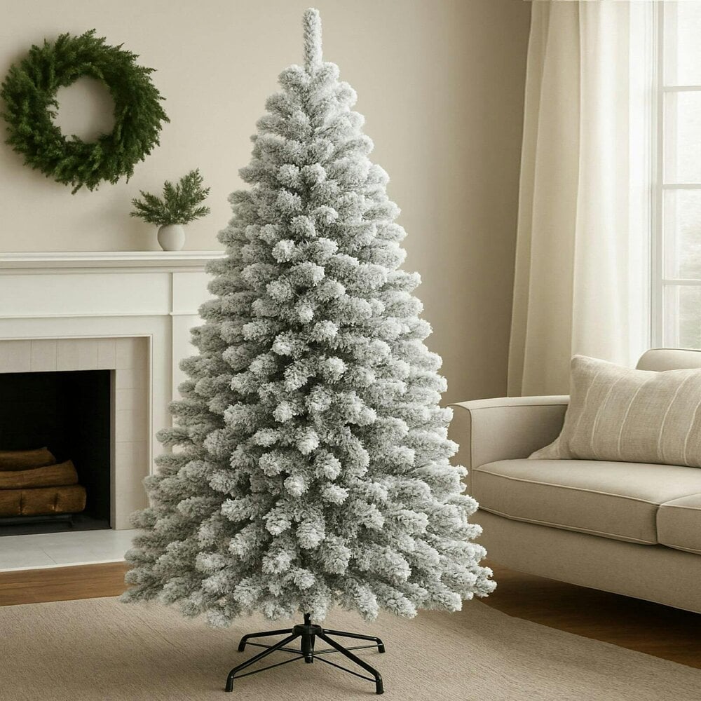 Gr8 Home White 7ft Christmas Tree With Stand Xmas Artificial Snow Flocked Green Branches