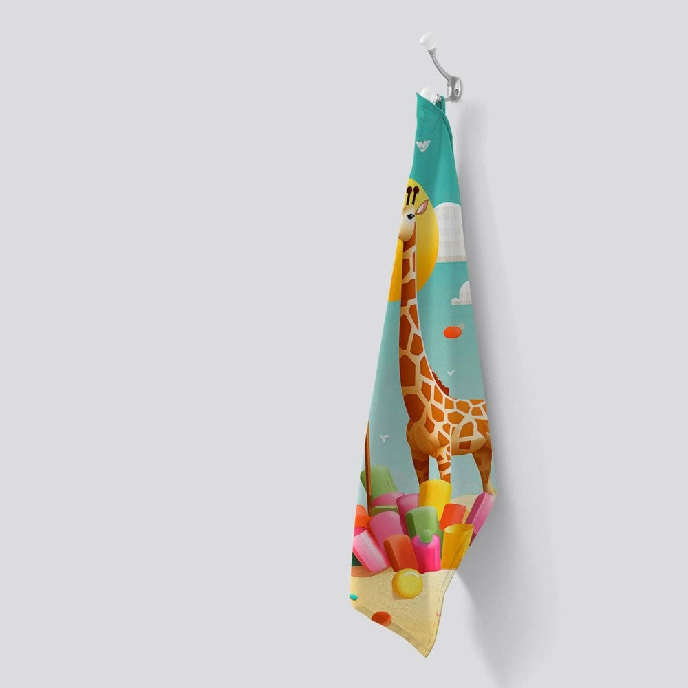 Warren Reed A Giraffe On A Beach Holiday Tea Towel