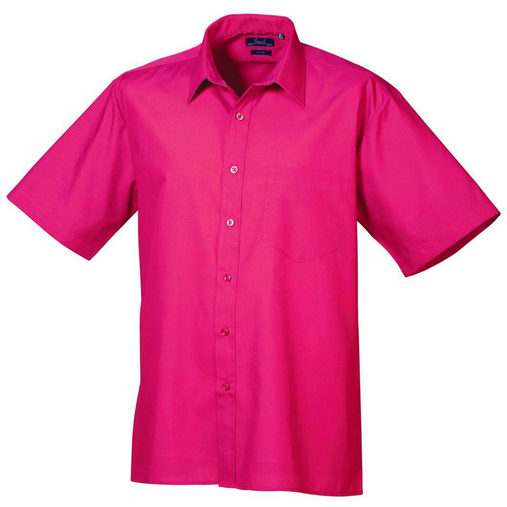Premier Mens Short Sleeve Formal Poplin Plain Work Shirt - Hot Pink - Hot Pink - 65% Polyester/35% Cotton