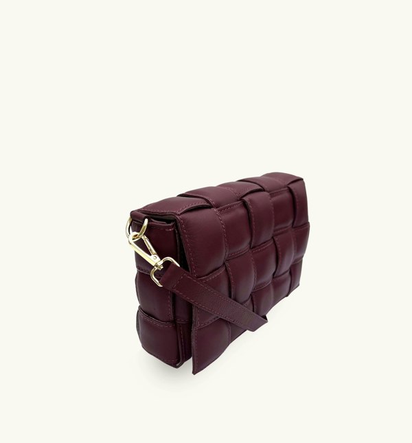 Apatchy London Padded Woven Leather Crossbody Bag with Gold Chain Strap - Burgundy