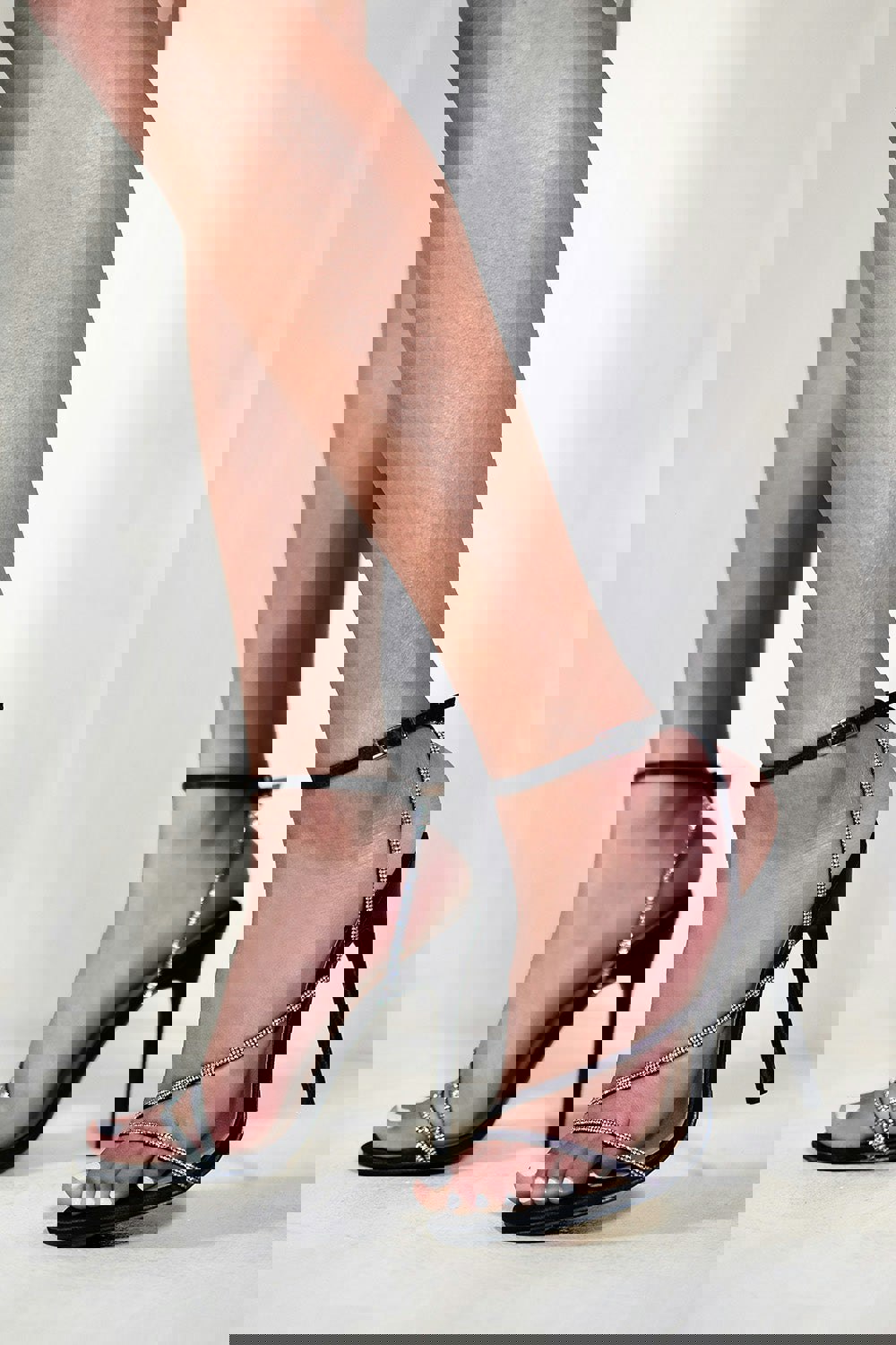 Where's That From Stiletto High Heel With Diamante Detailed Strap in Black Silk