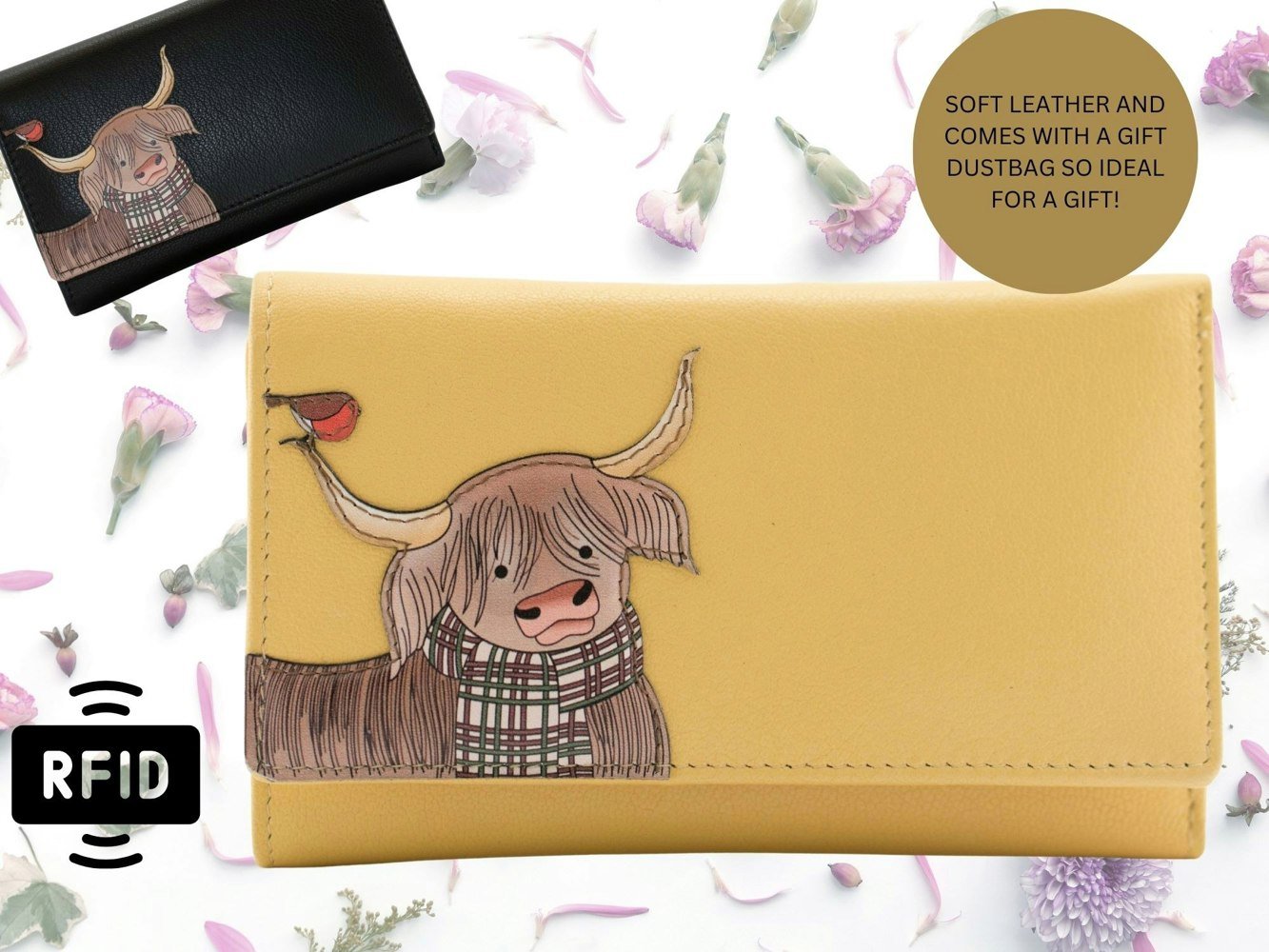 Mala Leather Callum Highland Cow Leather RFID Trifold Purse