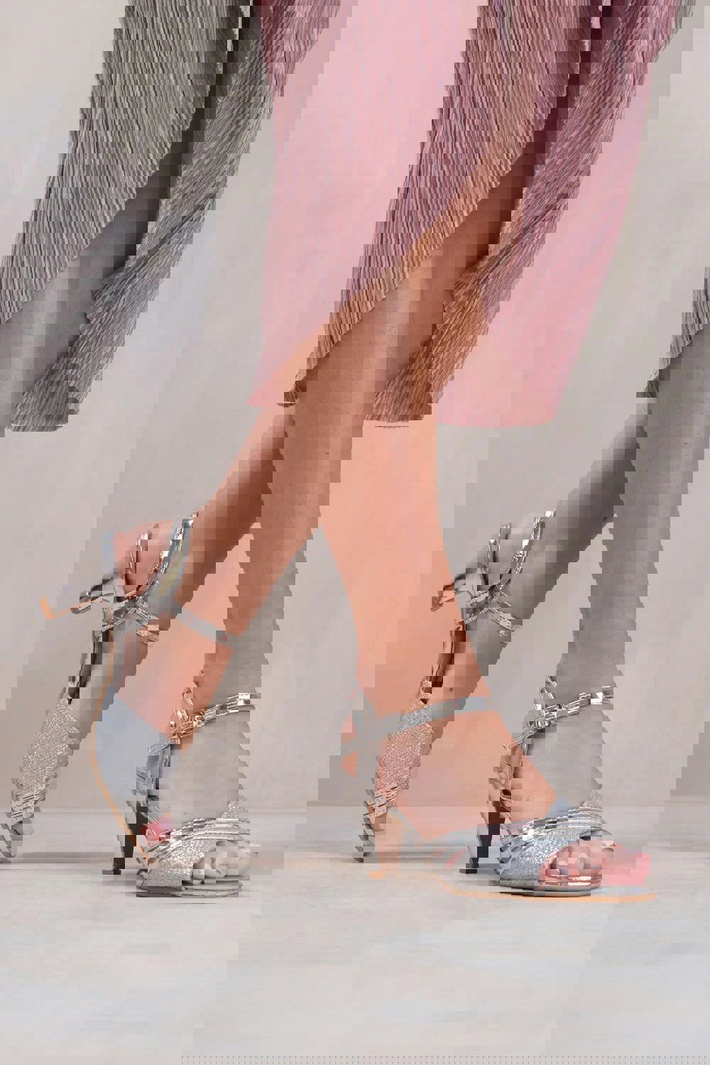 Where's That From Stormi Wide Fit Low Heel Sandals With Buckle Ankle Strap In Moon Silver Glitter