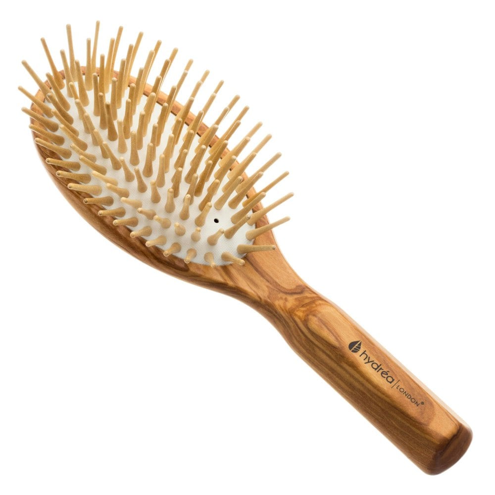 Hydréa London Premium Olive Wood Hair Brush with Long Wooden Pins & No-Pull Cushion – Deep Detangle & Anti-Static