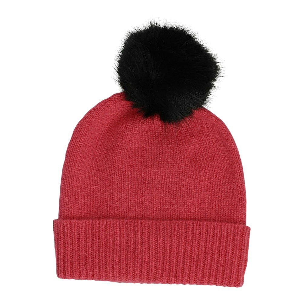 Gamble & Gunn British Made Cashmere Pink Beanie with Black Faux Fur Pom Pom