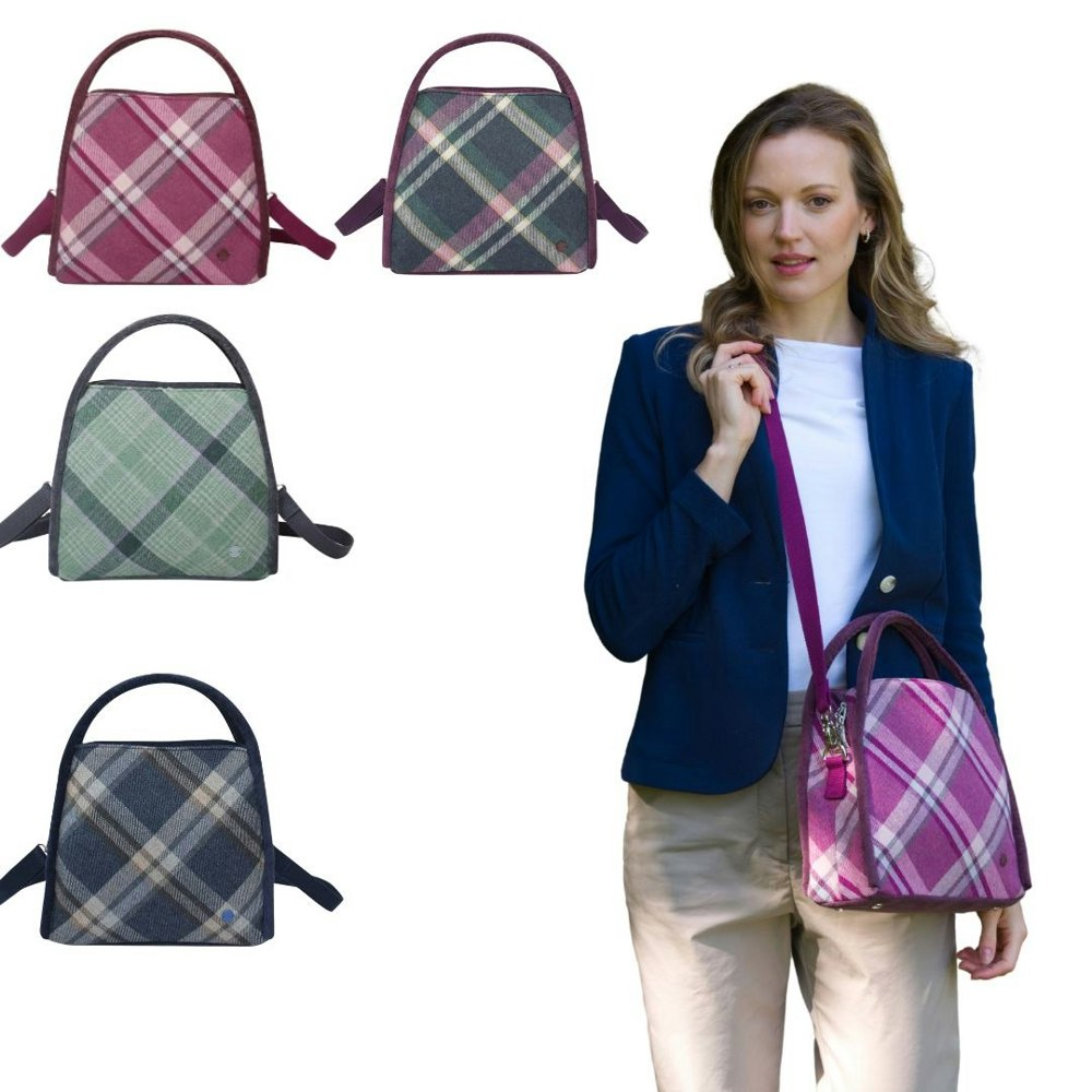 Earth Squared Tweed Tartan Margot Bag - Bolso multidirección, bandolera y bandolera - Herrajes fuertes con cremallera, 2 compartimentos con cremallera - Tela de mezcla de lana reciclada - 26 x 25 x 11