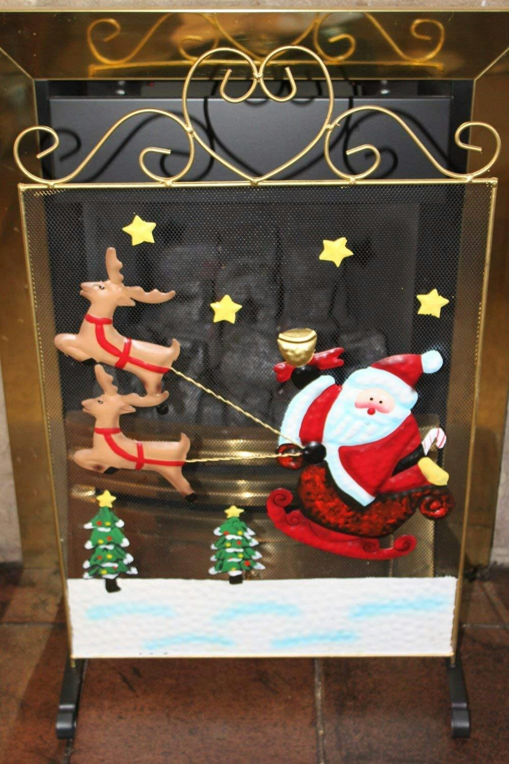 Santa & Reindeer Metal Fireplace Screen, Free-Standing Steel Fire Guard with Decorative Scroll Top, 60cm Indoor Christmas Decor