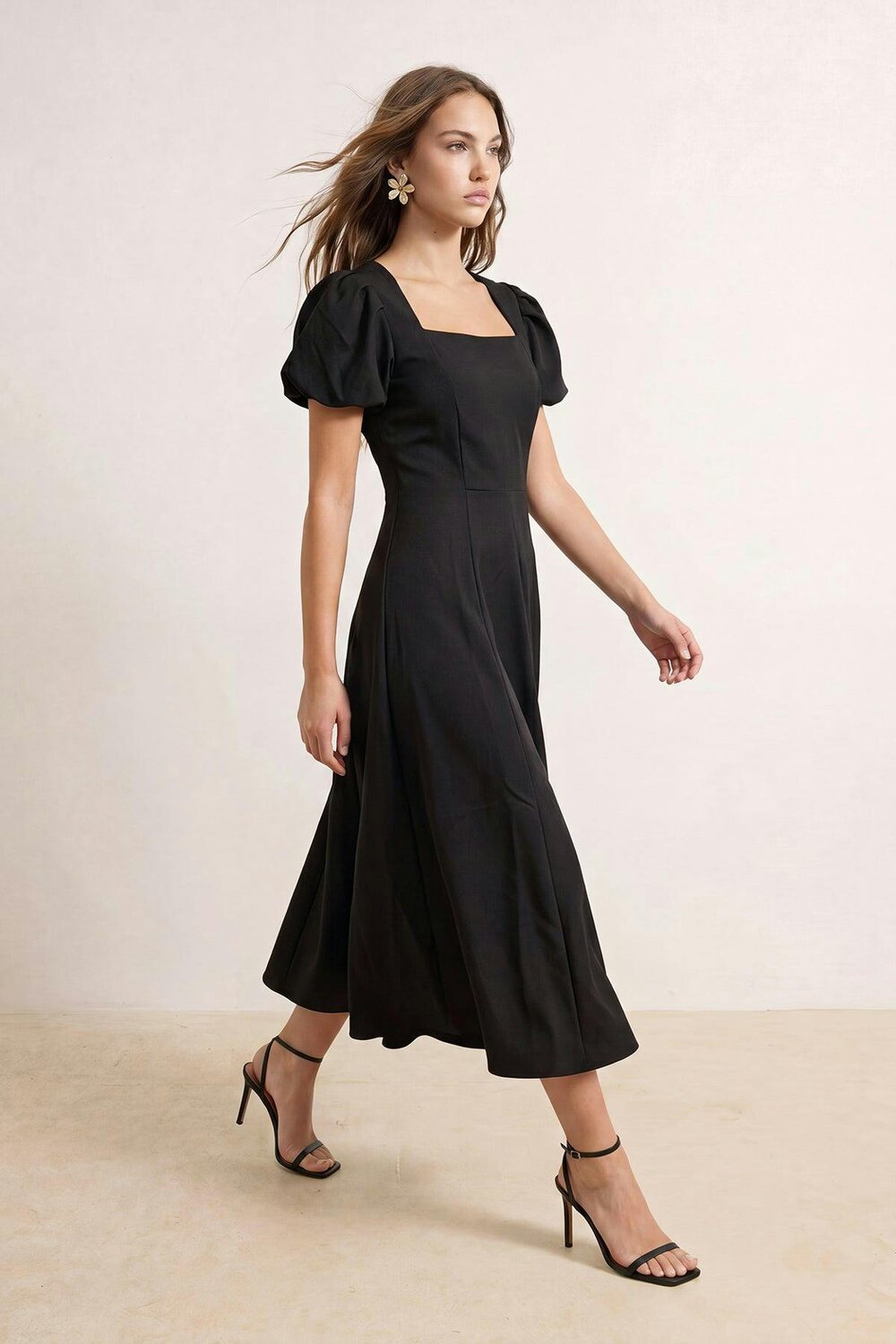 WOVCOR Square Neck Puff Sleeve Midi Skater Dress