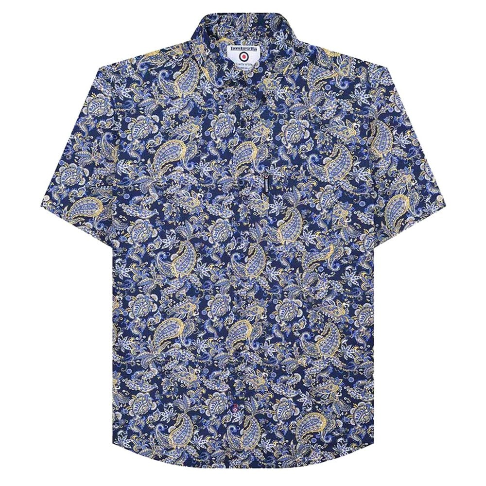 Lambretta Mens Paisley Short-Sleeved Shirt - Navy/White