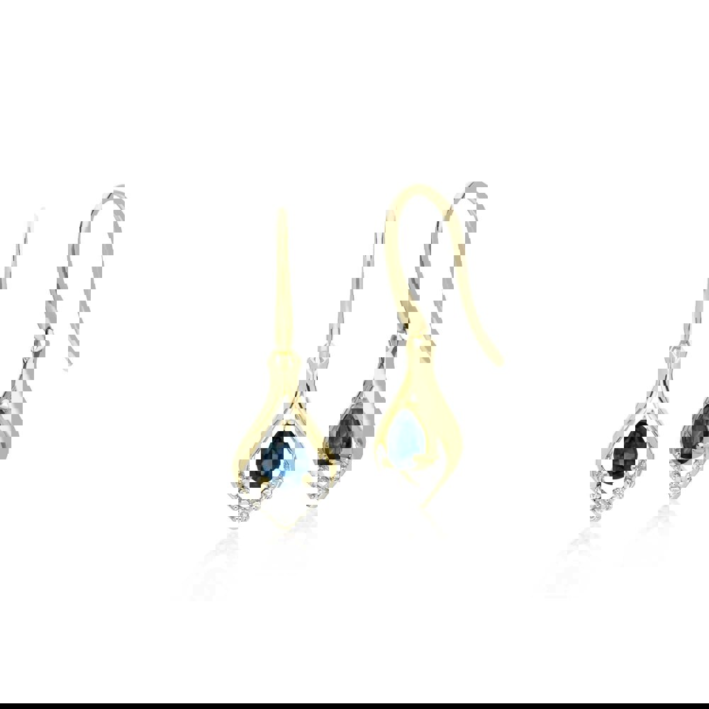 135E1577029 Classic Pear Sapphire & Diamond Leaf Halo Drop Earrings in 9ct Yellow Gold 1