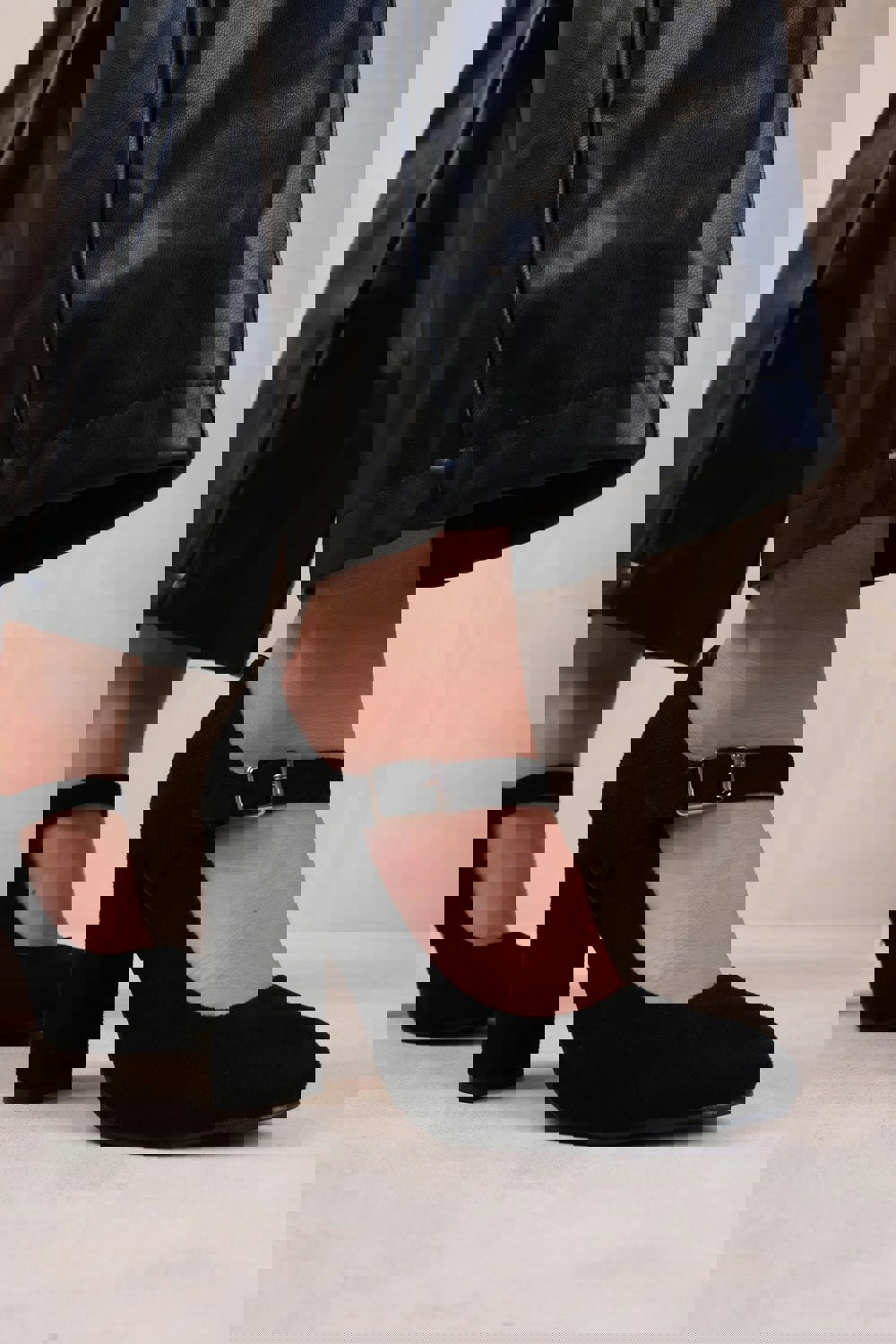 Where's That From Michelle Block High Heel Pump With Front Buckle Strap in Black Suede